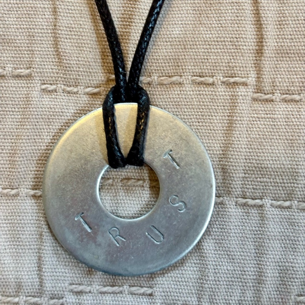 Black Faux Leather and Silver Pendant TRUST Necklace